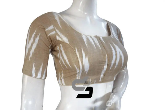 Beige, Elegant Ikkat Designer Cotton Readymade Blouse for Women - D3blouses