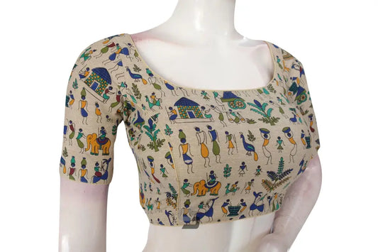 Beige Multi Color Jute Cotton Readymade Designer Blouse - D3blouses