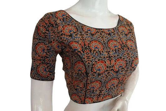 Black Color Ajrakh Cotton Boat Neck Saree Designer, Designer Cotton Collection Blouse - D3blouses