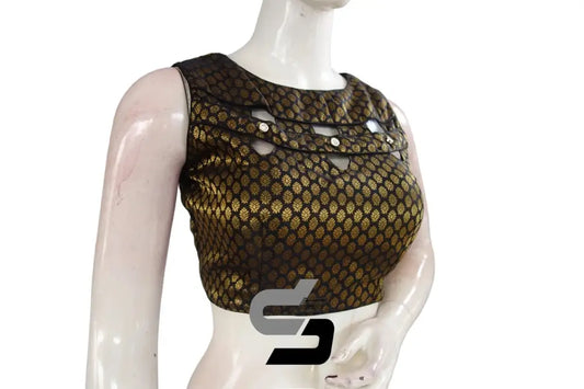 Black Color Boat Neck Brocade silk Readymade saree blouse, Indian Readymade blouse, Crop top, - D3blouses