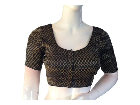 Black Color Brocade Readymade Saree Blouse, Indian Brocade Silk Readymade Blouses - D3blouses