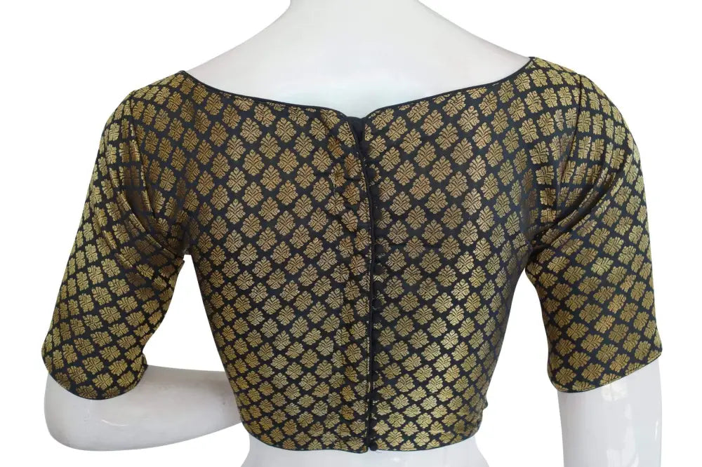Black Color Brocade Silk Designer Boat Neck Readymade saree blouse with Potli Button , Indian Silk saree Readymade blouse - D3blouses