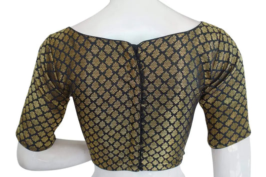Black Color Brocade Silk Designer Boat Neck Readymade saree blouse with Potli Button , Indian Silk saree Readymade blouse - D3blouses