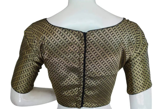 Black Color Brocade Silk Designer Boat Neck Readymade saree blouse with Potli Button , Indian Silk saree Readymade blouse - D3blouses