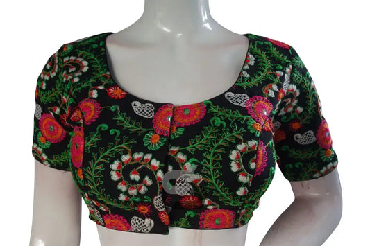 Black Color Multi Thread Embroidery Readymade Blouse - D3blouses