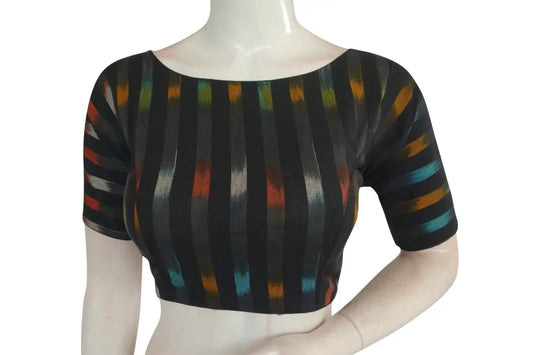 Black Ikkat Boat Neck Designer Readymade Saree Blouses, Elevate Your Casual Look - D3blouses