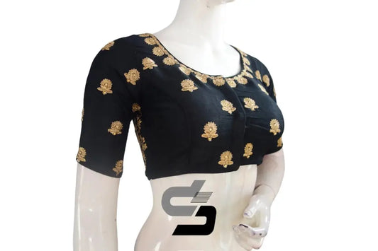Black Semi Silk High Neck Embroidered Saree Blouse/Crop Top - D3blouses
