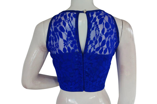 Blue Color Designer Floral Embossed Net Sleeveless Readymade saree blouse, Indian saree Readymade blouse - D3blouses