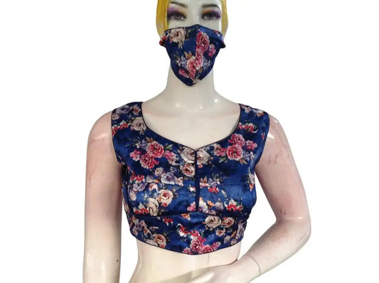 Blue Color Satin Printed Designer Readymade Saree Blouse - D3blouses