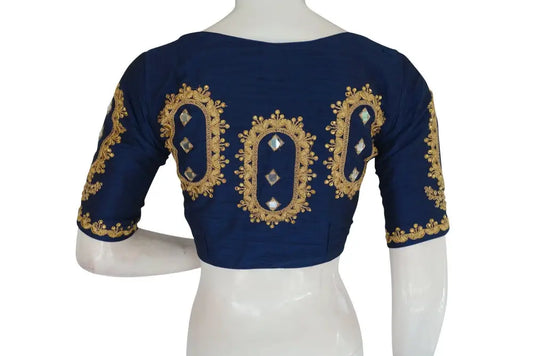 Blue High Neck Embroidered Readymade Blouse: Mirror Detail, Indian Crop Top - D3blouses