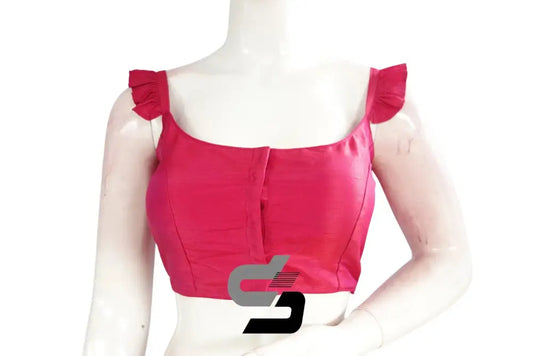 Blush Bloom, Pink Plain Silk Spaghetti Frill Sleeves Readymade Saree Blouse - D3blouses