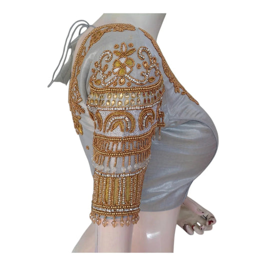 Bridal Special: Tissue Silk Blouse with Intricate Silver Aari Hand Work - D3blouses
