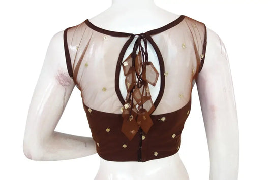 Brown Color Floral Organza Netted Designer Blouse With Tassels - D3blouses