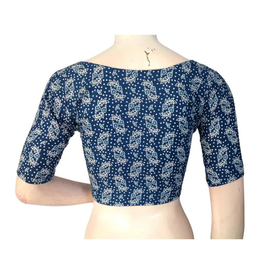 Celestial Hues: Blue Cotton High Neck Blouse for Sarees - D3blouses