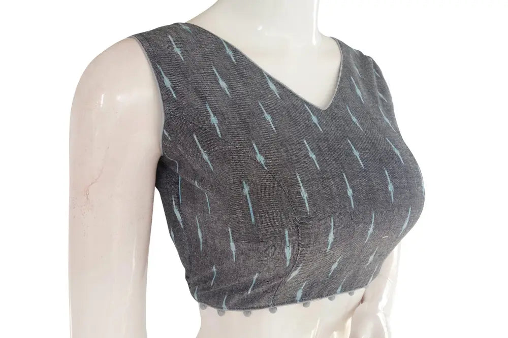 Chic and Stylish: Grey Color Ikkat V-neck Designer Blouse with Potli Button - D3blouses