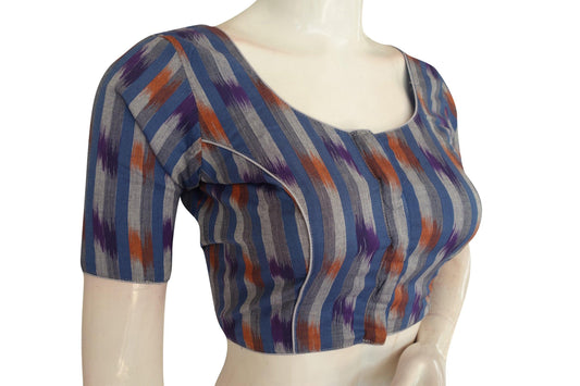 Chic Blue Ikkat Cotton Readymade Saree Blouse, Timeless Elegance - D3blouses