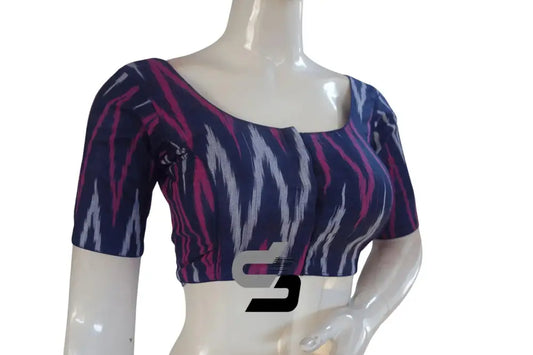 Chic Navy Blue Ikkat Cotton Readymade Blouse, Elevate Your Look! - D3blouses