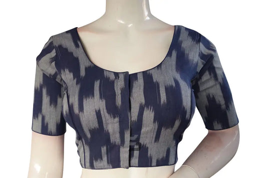 Chic Navy Blue Ikkat Cotton Readymade Saree Blouse – Elevate Your Ethnic Ensemble! - D3blouses