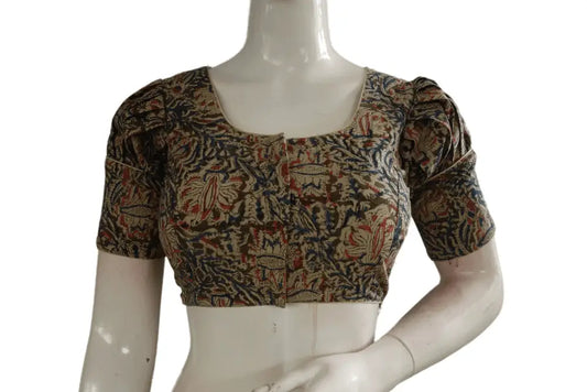 Chic Puff Sleeve Kalamkari Saree Blouse, Ready-to-Wear Designer Piece - D3blouses