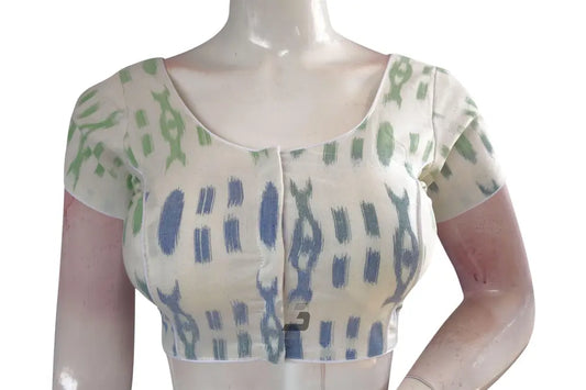 Chic White Ikkat Cotton Readymade Saree Blouse, Modern Ethnic Elegance - D3blouses