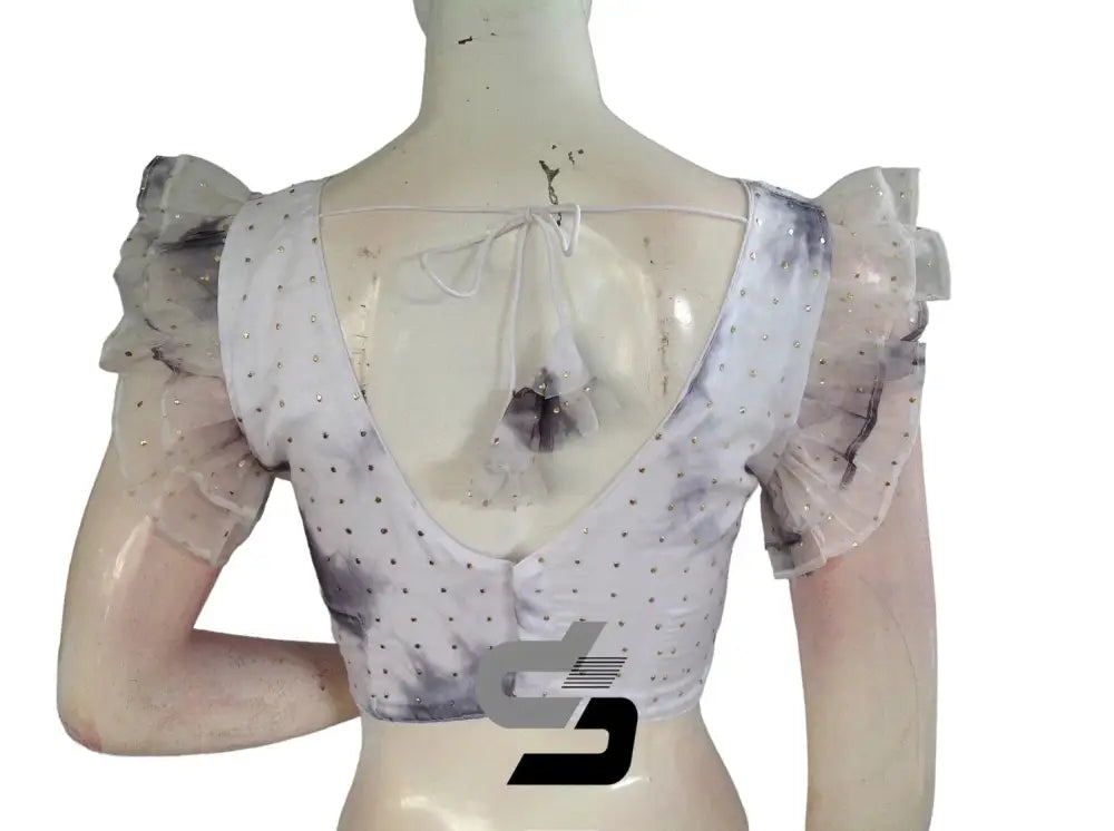 Chic White, Tie Dye Designer V Neck Georgette Saree Blouse with Ruffle Sleeves - D3blouses