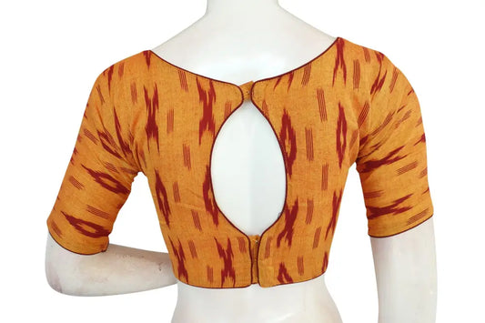 Comfortable Mustard Color Ikkat Boat Neck Designer Indian Saree Readymade Blouses - D3blouses