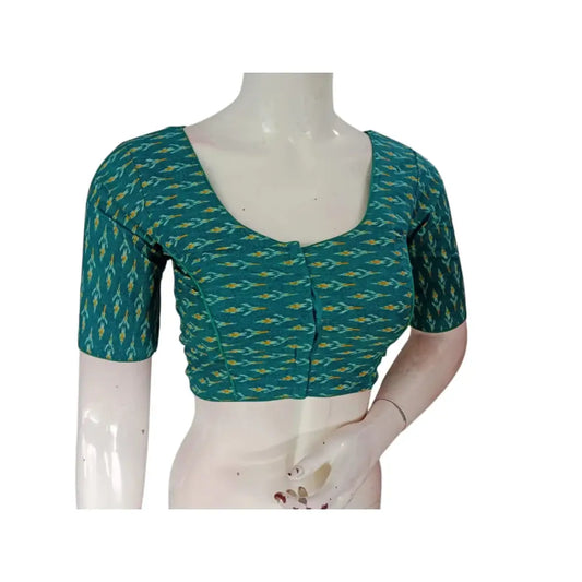 Cool & Calming: Teal Blue Color Cotton Printed Readymade Saree Blouse - D3blouses