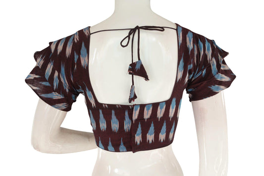 Dark Brown Ikkat Readymade Saree Blouse with Ruffle Sleeve, Modern Ethnic Elegance - D3blouses