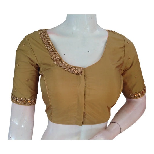 Dark Gold Aari Mirror Work Silk Blouse - Handcrafted Indian Wedding Top - D3blouses