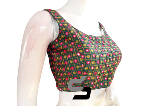 Dark Green Color Designer Foil Mirror Embroidery Blouse With Tassels - D3blouses