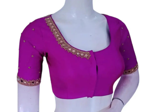Dark Magenta Mirror Magic: Aari Embroidered Silk Wedding Blouse - D3blouses