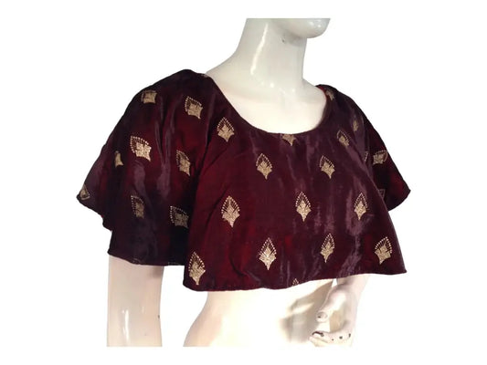 Dark Maroon Velvet Ponchos Readymade Saree Blouse, Indian Designer Choli Top - D3blouses