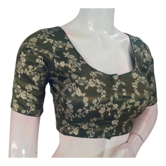 Dark Olive Green Banarasi Tissue Brocade Silk Blouse | Easy Elegance - D3blouses