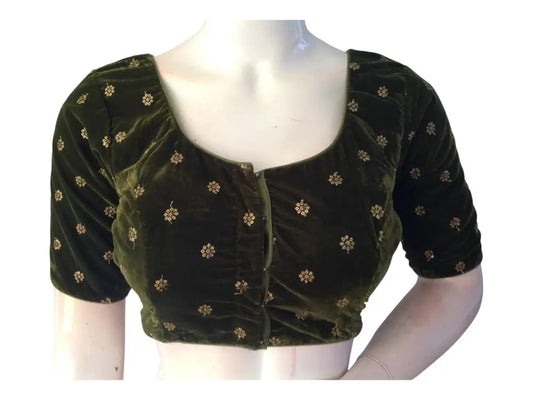 Dark Olive Green Saree Blouse, Velvet Readymade blouse, Indian Saree Choli top Online - D3blouses
