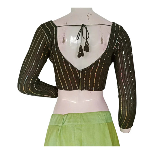 Dark Olive Green Sequin Saree Blouse with 3/4th Sleeves - Elegant Indian Wear - D3blouses