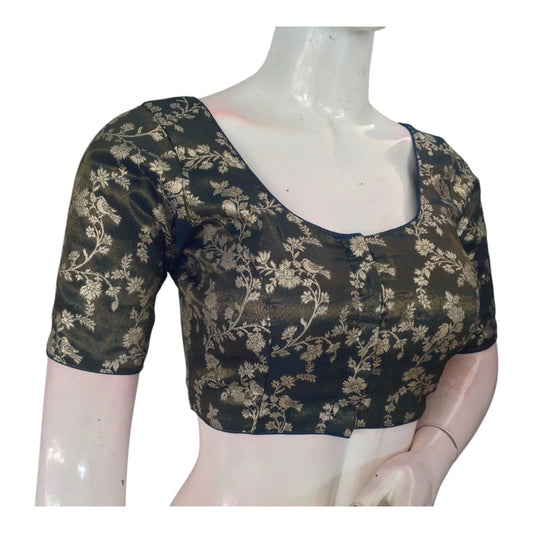 Dark Teal Ready-to-Wear Banarasi Tissue Brocade Blouse | Easy Sophistication - D3blouses