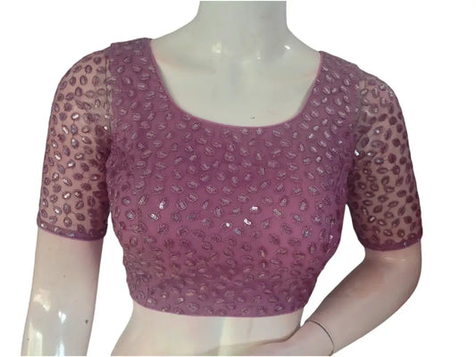 Dusty Pink Embroidered Netted Readymade Saree Blouse - D3blouses