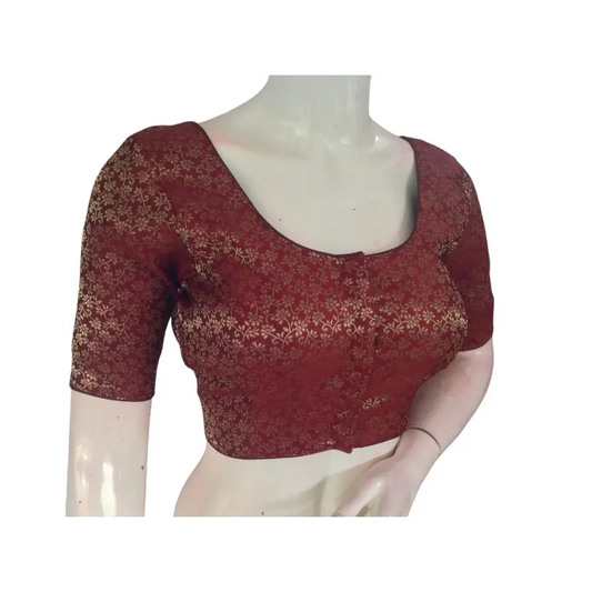 Earthy Elegance: Brown Color Brocade Silk Readymade Saree Blouse - D3blouses