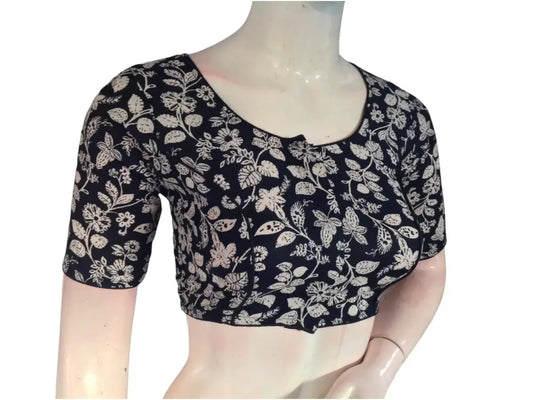 Ebony Elegance: Readymade Black Cotton Saree Blouse - D3blouses