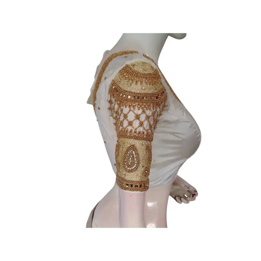 Effortless Chic: Aari Handwork Off-White Semi Silk Blouse for Weddings - D3blouses