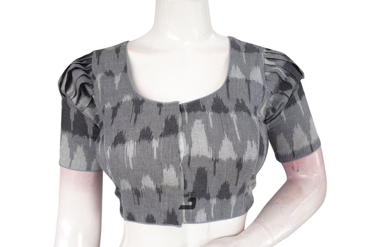Elegance Defined, Grey Ikkat Cotton Designer Blouse with Puff Sleeves - D3blouses