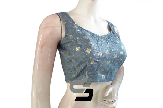 Elegant Embellishments: Grey Designer Sequin Embroidered Readymade Blouse with Mobile Pouch - D3blouses