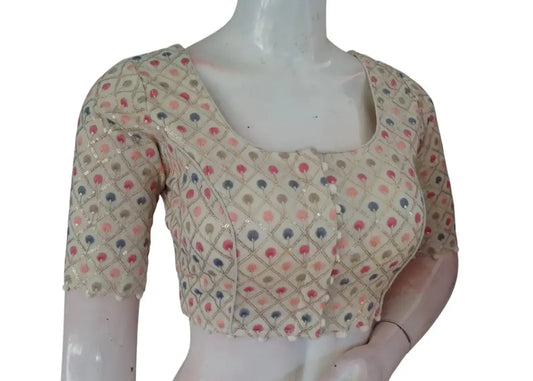 Elegant Khadi Cotton Blouse with Sequins & Thread Embroidery Readymade Top - D3blouses