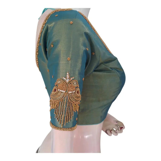Elegant Teal Green Aari Handwork Tissue Silk Wedding Blouse - D3 Blouses - D3blouses