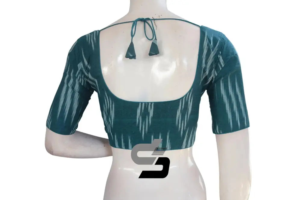 Elegant Teal Ikkat Cotton Readymade Blouse, Classic Women's Attire - D3blouses
