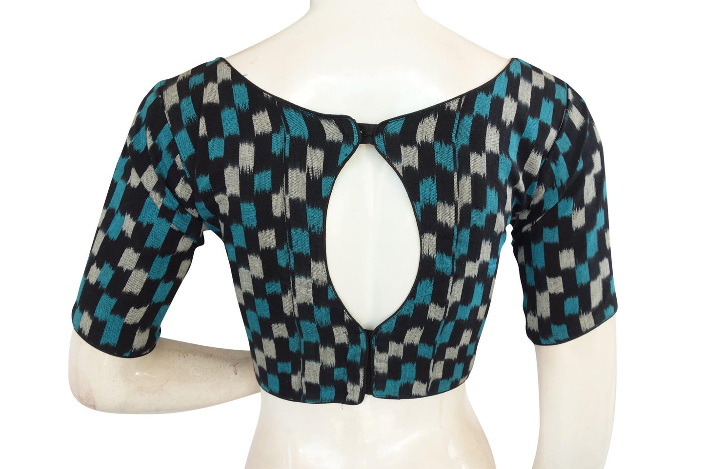 Elegant Women's Fashion, Black Ikkat Cotton Boat Neck Readymade Saree Blouses - D3blouses