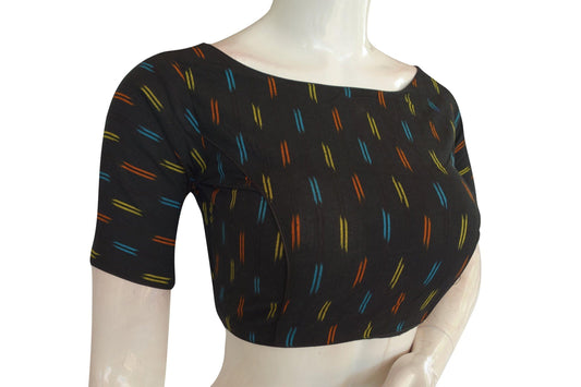 Elevate Your Casual Look with Black Ikkat Boat Neck Designer Saree Blouses - D3blouses