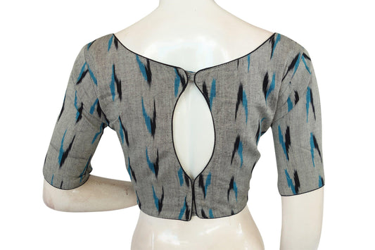 Elevate Your Style with Grey Ikkat Cotton Boat Neck Readymade Saree Blouse - D3blouses