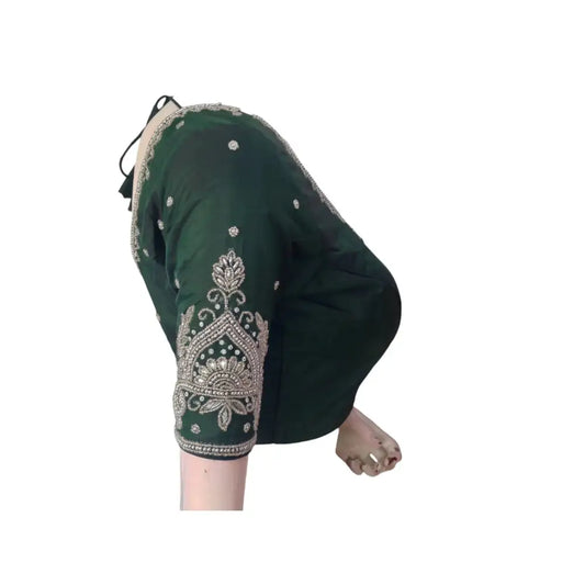 Emerald Elegance: Dark Green Aari Handwork Bridal Silk Saree Blouse - D3blouses
