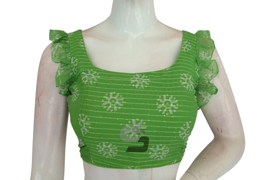 Emerald Enchantment, Green Georgette Sequin Designer Frill Sleeves Blouse - D3blouses